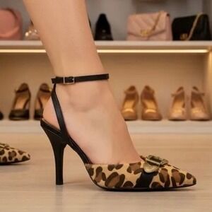 Vizzano Leopard Print Ankle Strap Heels Pointed Toe Buckle Women Size‎ 7 NWOT
